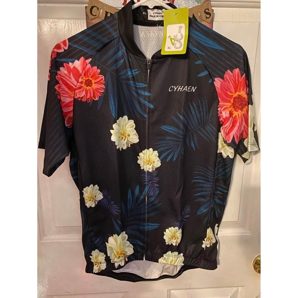 Mens XL Cycling Jersey Short Sleeve Tropical Floral Full Zip Bike Shirt. New.